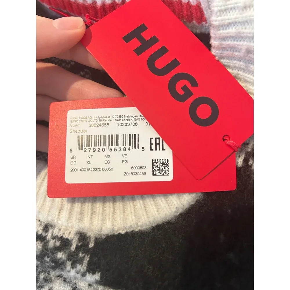 $589 HUGO Boss Shequer Wool Alpaca Blend Oversized Sweater‎ Black White Check XL
